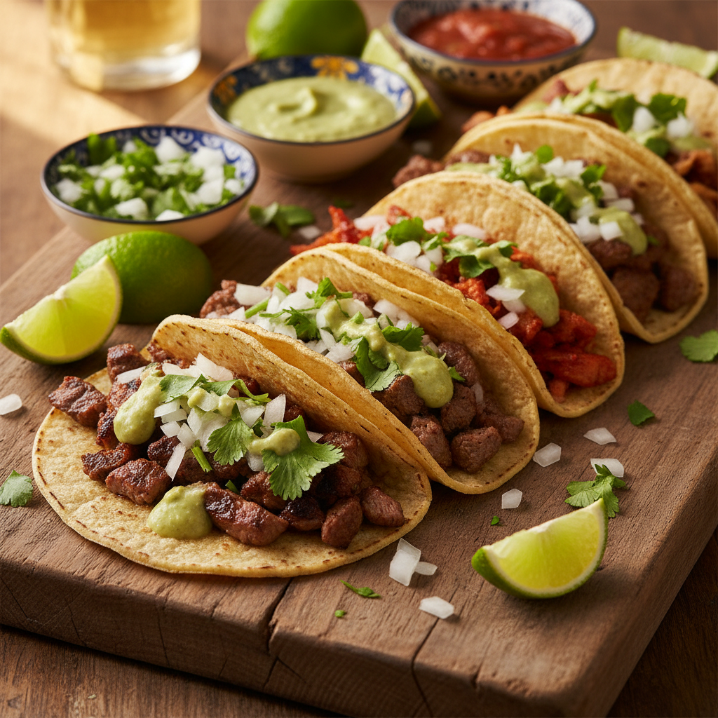 A gourmet street taco station spread with carne asada and al pastor